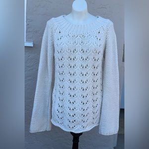 Loose knit tunic sweater with bell sleeve